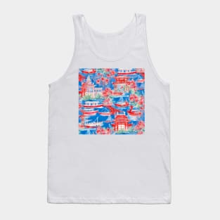 Pagodas, lake and sail boats in blue and red Tank Top